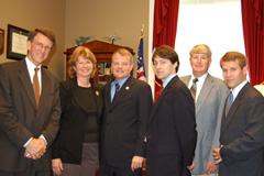 Members of the N.C. Fresh Produce Safety Task Force met with Congressman Mike McIntyre (D-7th) to talk about how pending legislation will impact North Carolina fruit and vegetable producers. In the photo from left to right: John Kimber, N.C. Sweet Potato Foundation; Debbie Hamrick, N.C. Farm Bureau Federation; Congressman Mike McIntyre; Roland McReynolds, Carolina Farm Stewardship Association; Maurice Berry, MK Berry & Sons, Elizabeth City; and Jake Parker, N.C. Farm Bureau Federation.