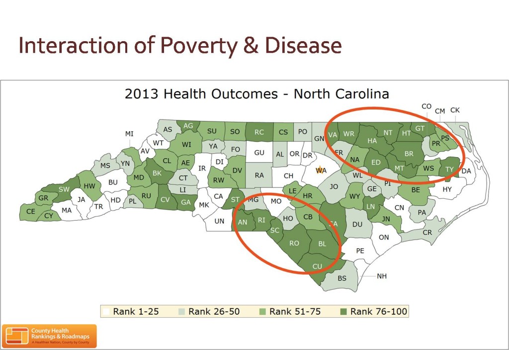 Map of North Carolina showing interaction of poverty & disease