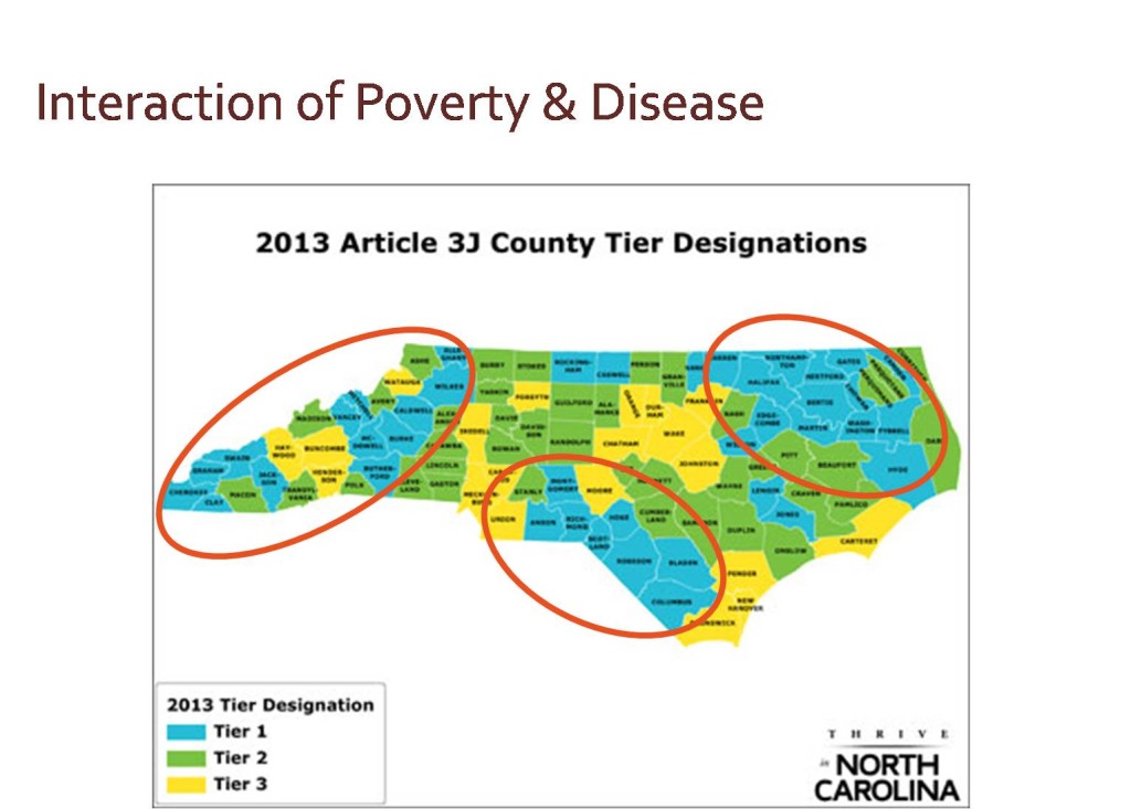 Map of North Carolina showing interaction of poverty & disease