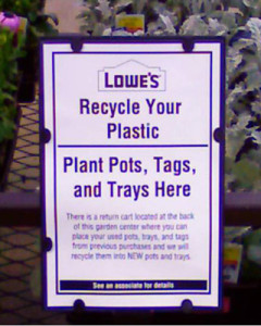 Plastic pots and packs can be taken to any Lowe's store to be recycled. 