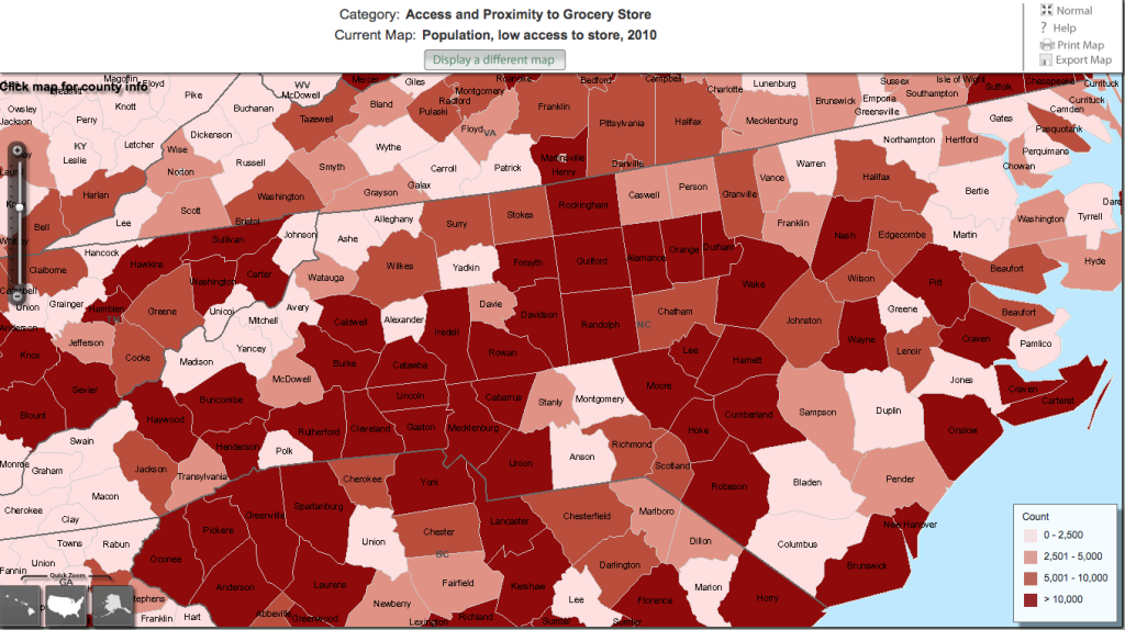 A map from the USDA's Food Environment Atlas showing access and proximity to grocery stores in North Carolina counties.