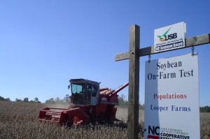 Harvesting N.C. Cooperative Extension research plots at the Looper Farm in Caldwell County. This project demonstrated the yield response of soybeans planted at various seeding rates. This type of information is used by farmers to increase profitability by increasing production.