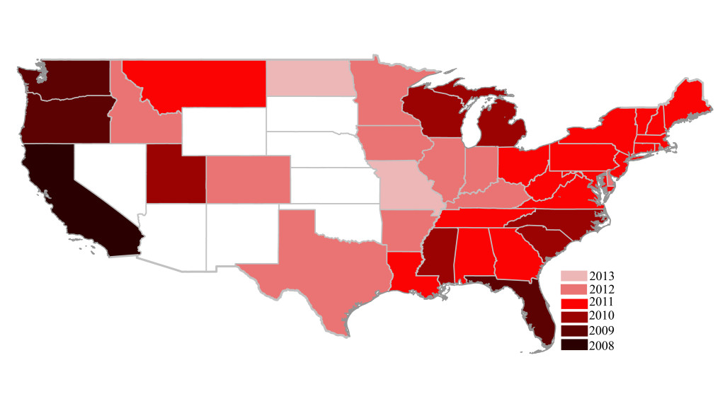 States with confirmed spotted wing drosophila detentions and detection year. Figure adapted from Burrack, et al. 2012.