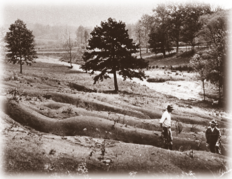 "Old worn-out soils": Soil erosion was a high-priority agricultural issue that Extension addressed early on. Here, an agent and farmer inspect a seriously eroded field in the late 1920s.