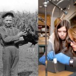 boy holding chicken, girls in science lab