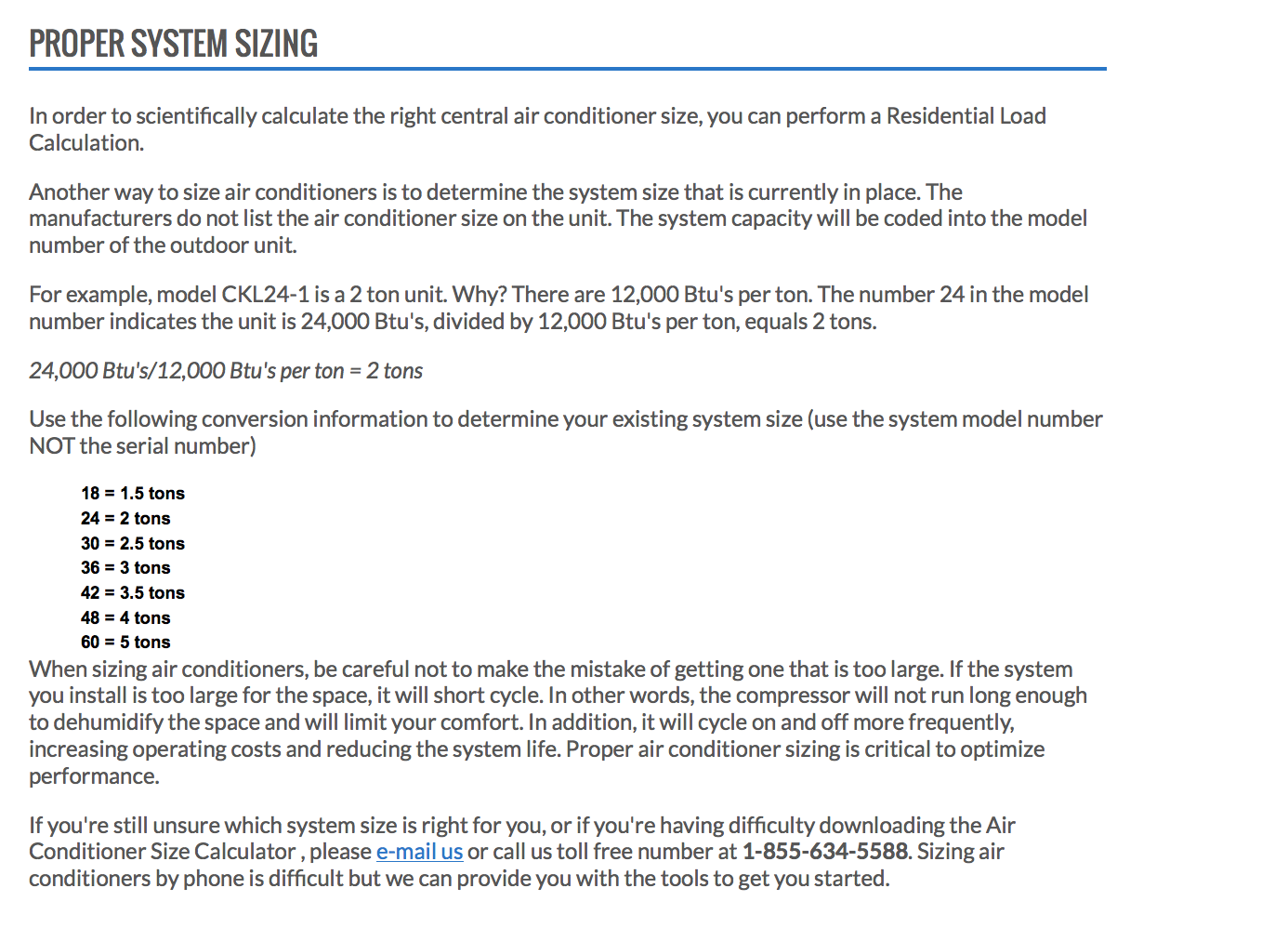 Central Air Conditioner Sizing Chart