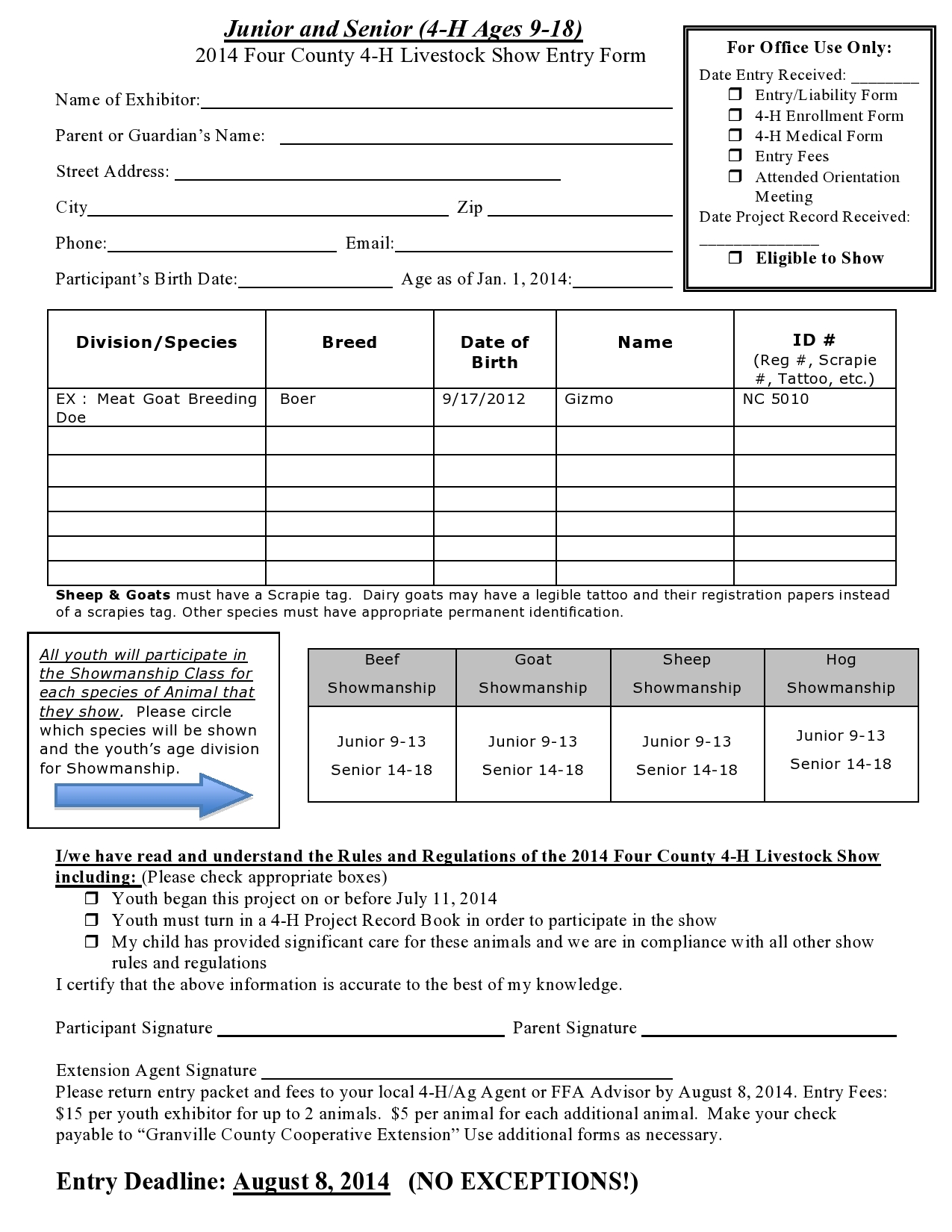 2014 four county 4 h livestock show entry forms north carolina nc 4 form