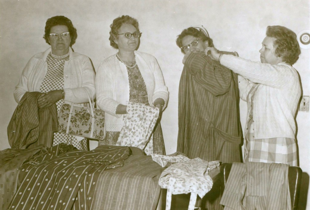 June 1968 Brush Creek Club Housecoats for Hospital. (L-R) Flora Lavis, Ruth Burnette, Margeret Allison, Pansi Deal (Home Demonstration Agent)