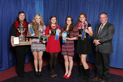 2014 Eastern National 4-H Horse Round Up Horse Judging Team Champions. L to R: Lori Stroud, Mina Greenlee, Taylor Knittel, Megan Downs, Maddie Edwards, Dr. Mike Yoder