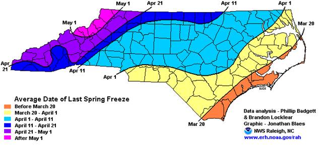 North Carolina spring frost map