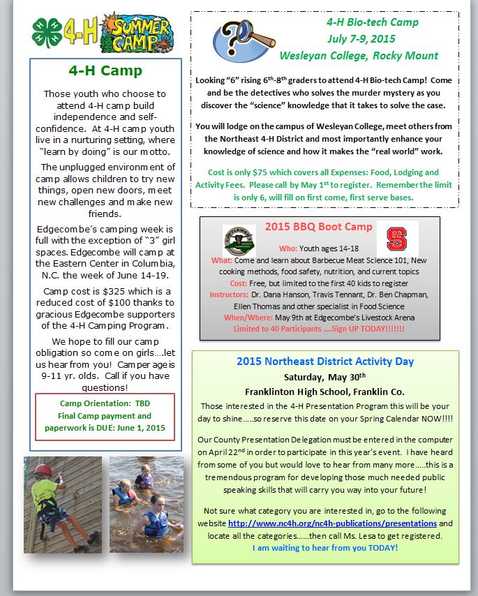 2015 4H Spring Newsletter North Carolina Cooperative Extension