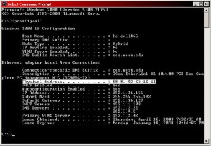 Screen capture of ipconfig outpupt