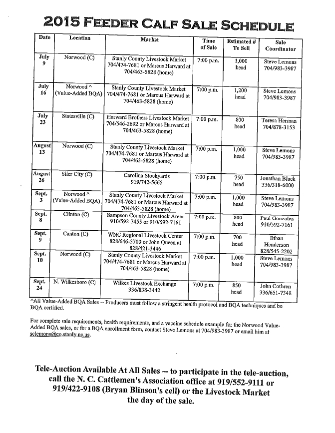 2015 Feeder Calf Sale Schedule North Carolina Cooperative Extension