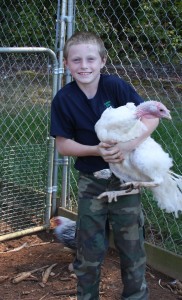 Child holding turkey.
