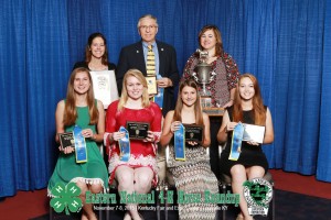 Horse Judging Team Champions, L to R: Anna Ahlers, Michaela Vick, Jessica Smith Hannah Sather. Back row: Alaina Cross, Bill Crouse, Lori Stroud