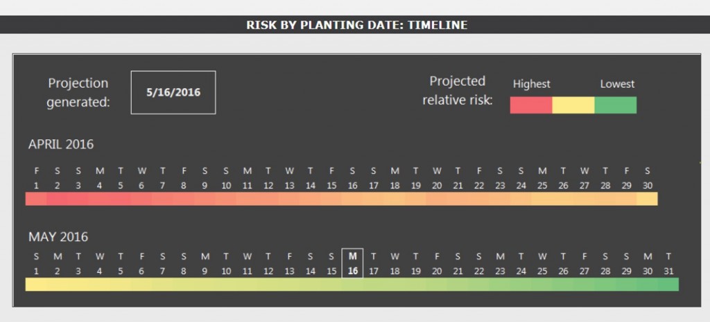 Thrips risk forecast for Rocky Mount.  Generated based on weather from 16 May 2016.