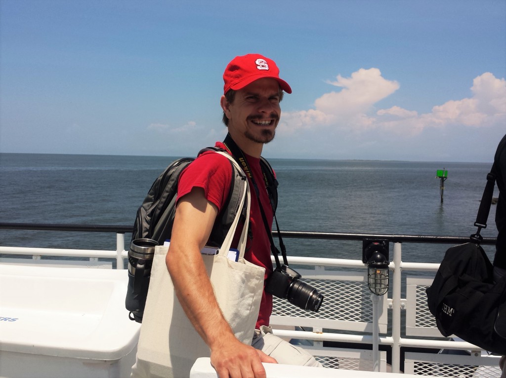 Matt Jurjonas ready to intercept tourists on the Swan Quarter-Ocracoke Ferry (photo credit: Kalry Bitsura-Meszaros)