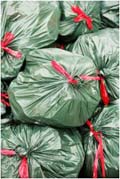 a pile of full green plastic bags
