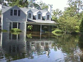 Flooding around a home.