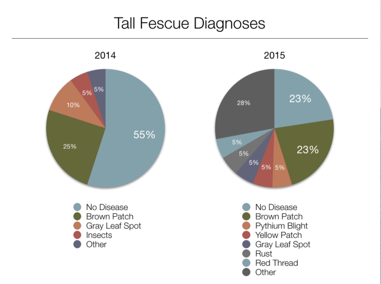 pie charts showing 2014 and 2015 tall fescue diagnoses