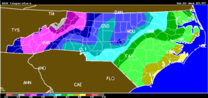 Cover photo for NC Min Temp Maps Wed-Thur-Fri and Frost / Freeze Forecast From AWIS (5:20pm, Tue., March 6, 2018)