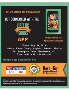 Announcement flyer/invitation with date, time and location, images of a cellphone, with the visit NCFarms app and logo on the screen, and sponsor info.