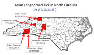 map of Current distribution of Asian Longhorned Tick in North Carolina