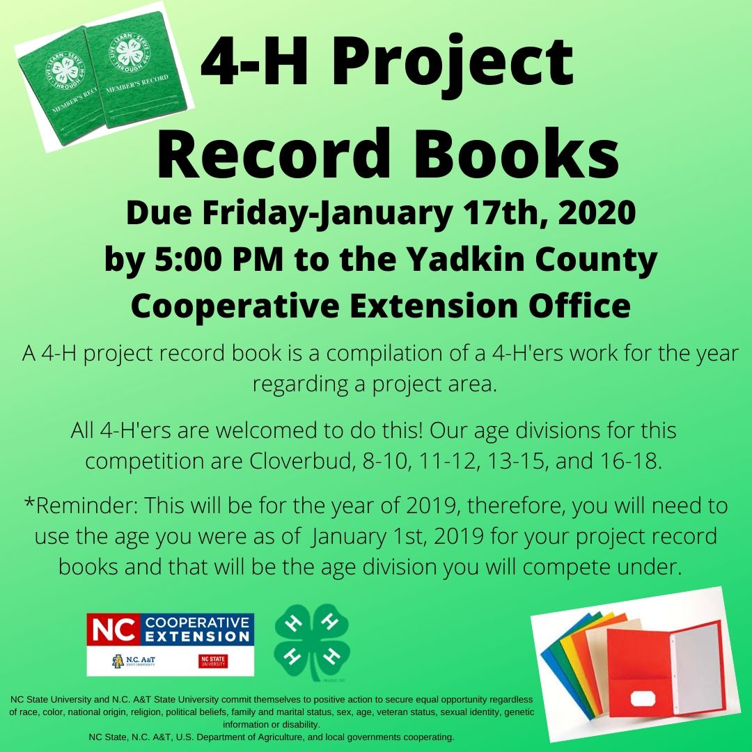 4H Project Record Books Are Due January 17, 2020!! N.C. Cooperative
