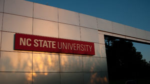 The Gateway Arch signage at the entrance to NC State Univeristy on Western Blvd.