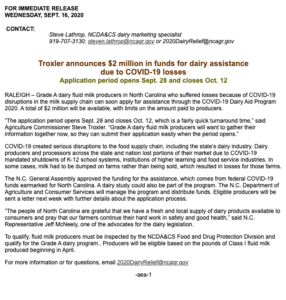 Press Release-Dairy Assistance Due to Covid-19 Losses