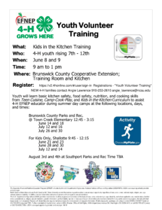 4-H Youth Volunteer Training Flyer. Rising 7th to 12th graders. June 8th and 9th at Brunswick County Cooperative Extension. Register at 4-H Online. Call or email Angie Lawrence for more information.