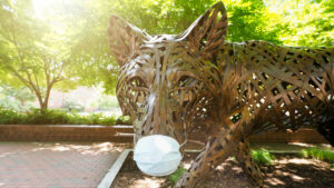 One of the copper wolves at Wolf Plaza on NC State University's campus wears a protective face mask during the COVID-19 pandemic.