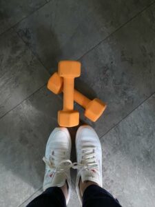 weights and white shoes