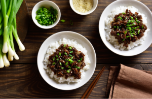 Ground beef bowls with fresh green onions