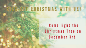 flier advertising Christmas Tree lighting with christmas tree in background