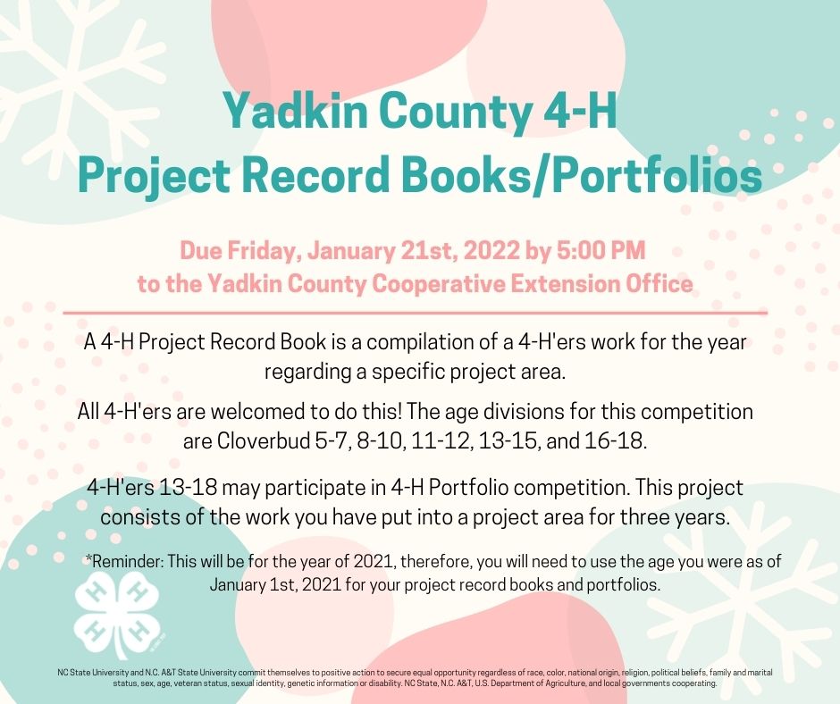 Yadkin County 4H Project Record Books/PortfoliosDue January 21st N