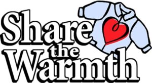 Drawing of a coat with the caption Share the Warmth