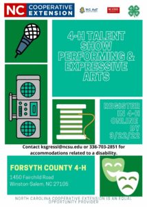 Green and white flyer with details about registering for tallent show, date, time and contact information.