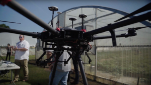Close-up look at a drone during an on-the-farm demonstration of rural broadband connectivity and new farming technology hosted by NC State Extension.
