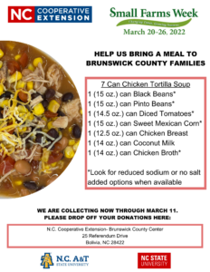 small farms week food drive flyer with nc cooperative extension logo, small farms week signage, and ingredients and location as included in the article