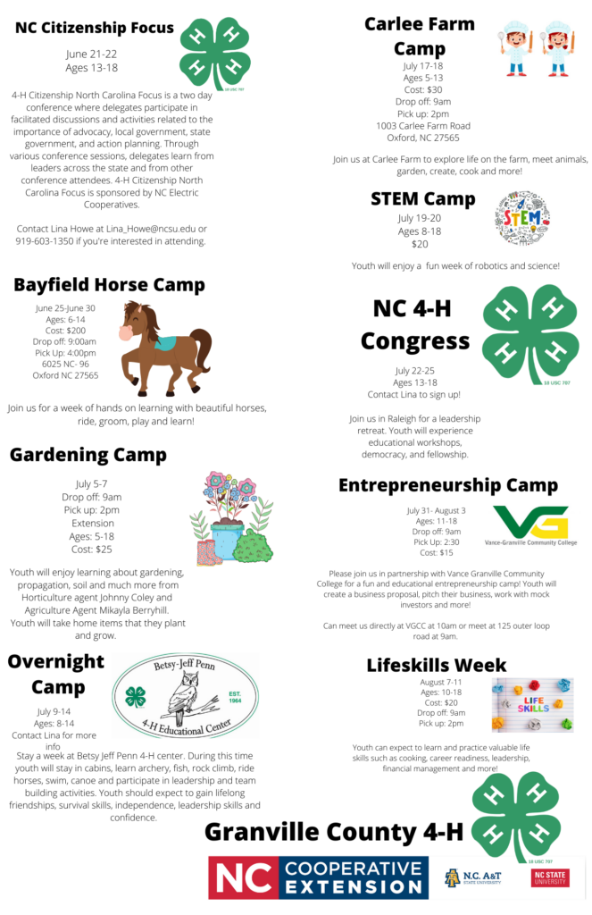 2023 Granville County 4H Summer Fun Camps N.C. Cooperative Extension