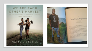side by side photo of cover of We Are Each Other's Harvest Book and photo of Kamal Bell's insert