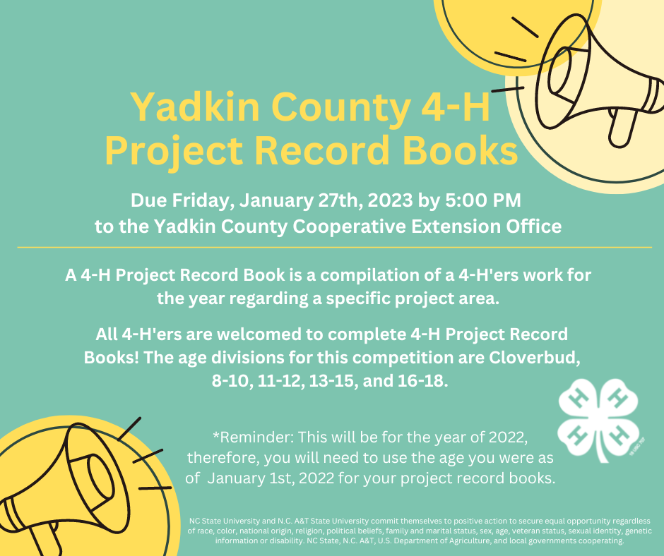 4H Project Record BooksDue January 27th N.C. Cooperative Extension