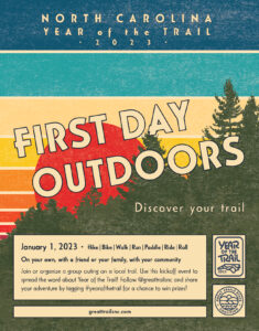 First Day Outdoors Retro Flyer with sun rising behind some trees in the background.