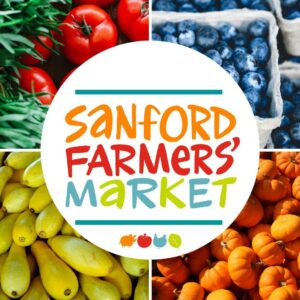 Logo for the Sanford Farmers' Market, with images of vegetables and fruits