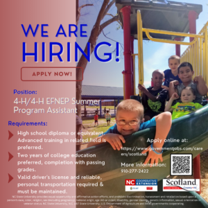 Cover photo for We're Hiring! 4-H/EFNEP Summer Program Assistant