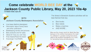 Cover photo for Celebrate World Bee Day on May 20th at the Jackson County Library
