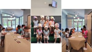 a group of cooking camp children decorating their chef hats and wearing them.