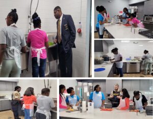 a group of students in cooking camp showing local law enforcement what they were cooking.
