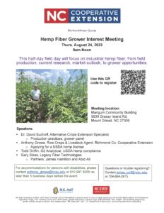 Flyer with information on Aug 24, 2023 fiber hemp meeting in Mount Gilead, NC